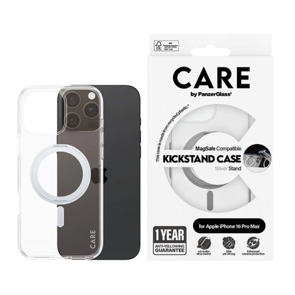 Housse MagSafe pour Apple iPhone 16 Pro Max, PanzerGlass, Fonction Support Kickstand, Transparente Argentée