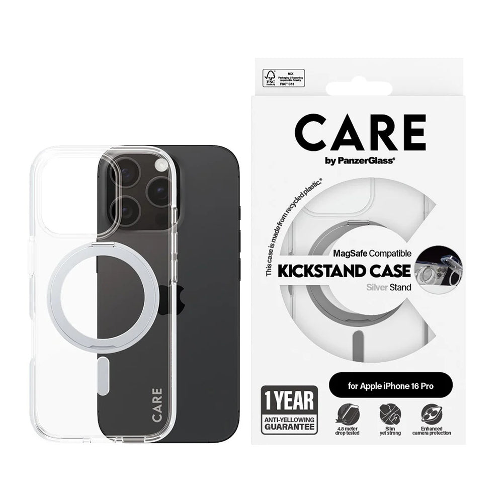Coque MagSafe pour Apple iPhone 16 Pro, PanzerGlass, avec fonction support, Transparente Argentée