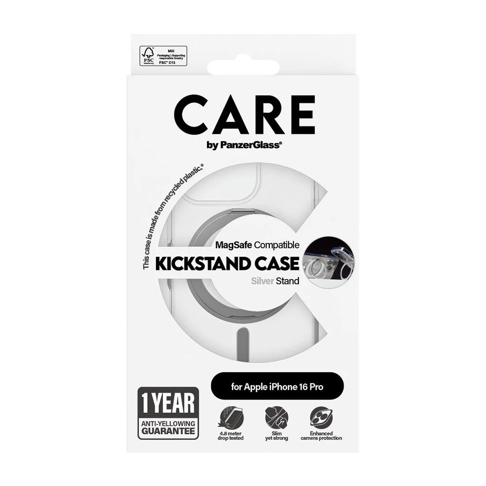 Coque MagSafe pour Apple iPhone 16 Pro, PanzerGlass, avec fonction support, Transparente Argentée