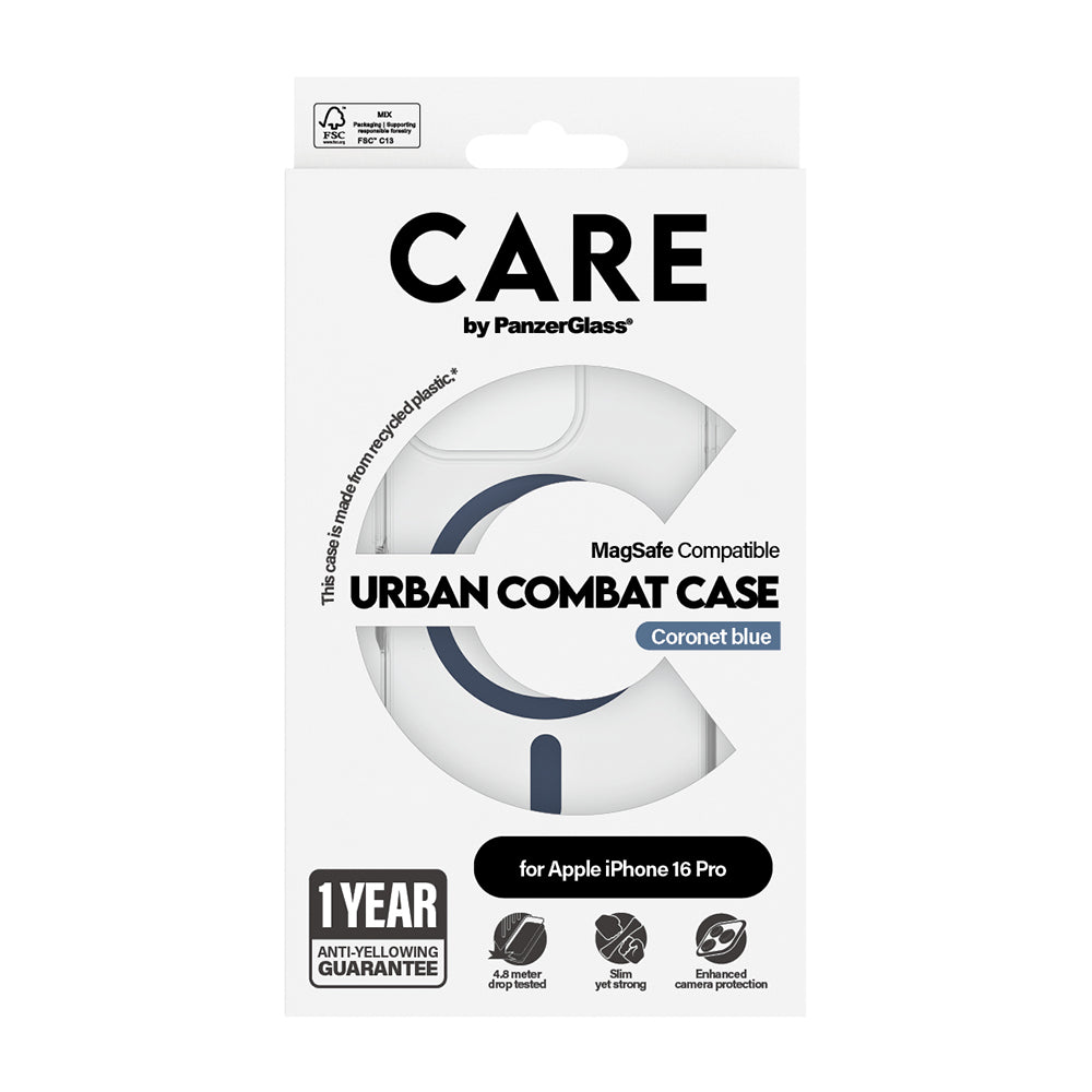 Coque MagSafe pour Apple iPhone 16 Pro, PanzerGlass, Care Urban Combat, Transparent Bleu