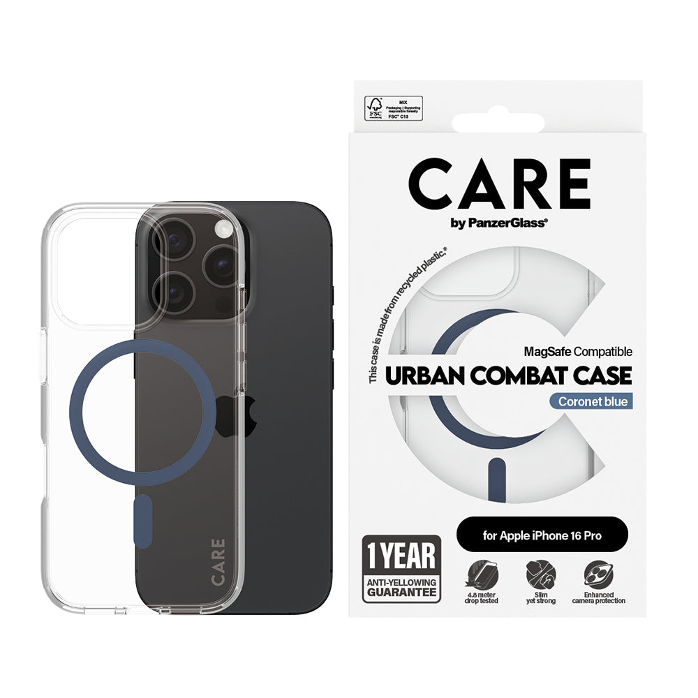 Coque MagSafe pour Apple iPhone 16 Pro, PanzerGlass, Care Urban Combat, Transparent Bleu