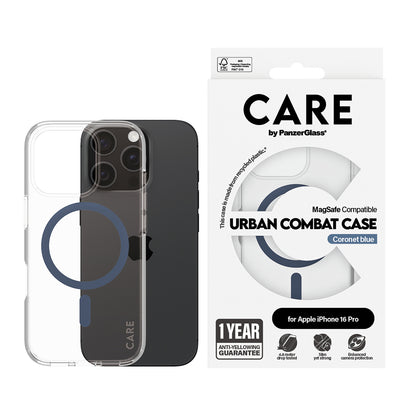 Coque MagSafe pour Apple iPhone 16 Pro, PanzerGlass, Care Urban Combat, Transparent Bleu