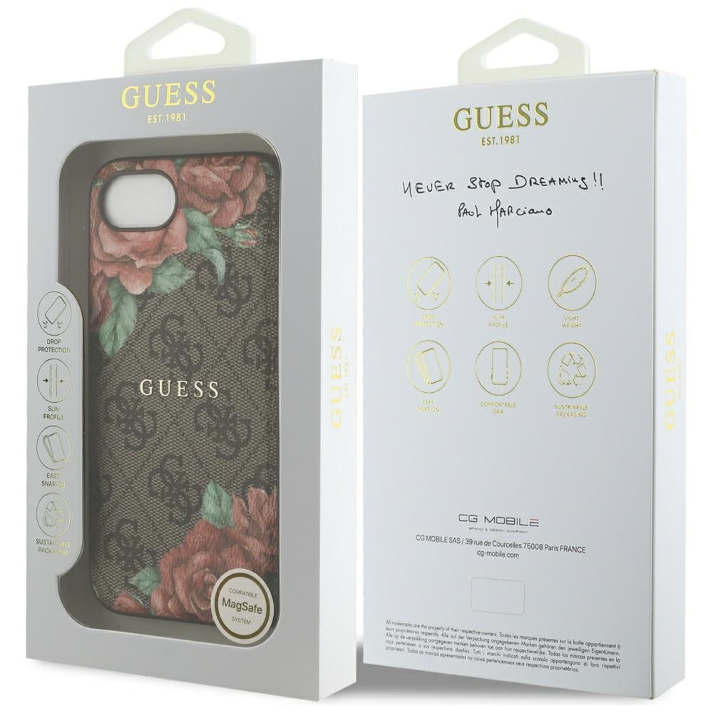 Coque MagSafe pour Apple iPhone 16e, Guess, Imprimé Fleurs 4G, Marron
