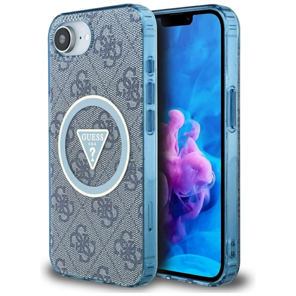 Coque MagSafe pour Apple iPhone 16e, Guess, IML Glitter 4G Circle Triangle, Bleue