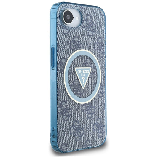 Coque MagSafe pour Apple iPhone 16e, Guess, IML Glitter 4G Circle Triangle, Bleue