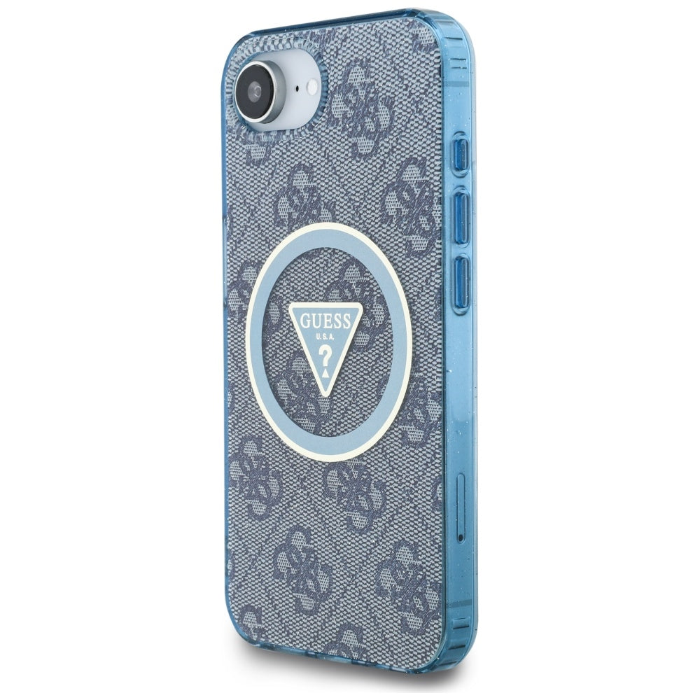Coque MagSafe pour Apple iPhone 16e, Guess, IML Glitter 4G Circle Triangle, Bleue