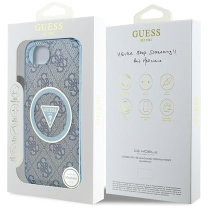 Coque MagSafe pour Apple iPhone 16e, Guess, IML Glitter 4G Circle Triangle, Bleue