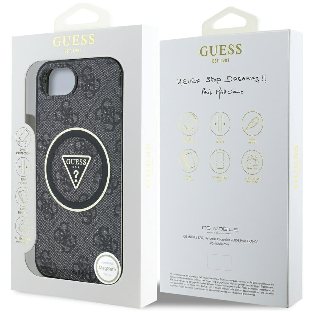 Étui MagSafe pour Apple iPhone 16e, Guess, IML Glitter 4G Circle Triangle, Noir