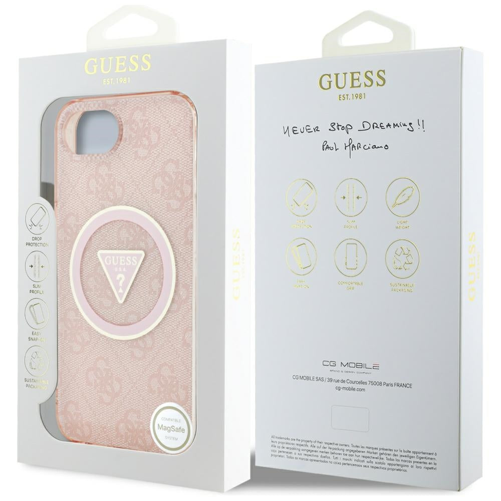 Étui MagSafe pour Apple iPhone 16e, Guess, IML Glitter 4G Cercle Triangle, Rose
