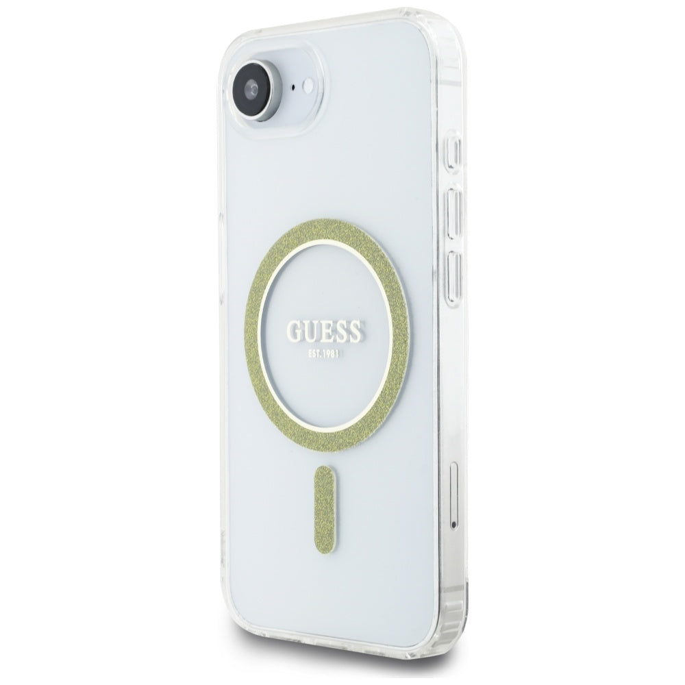 Coque MagSafe pour Apple iPhone 16e, Guess, IML Glitter Circle, Transparente
