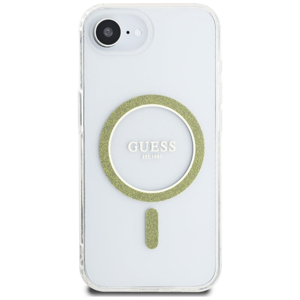 Coque MagSafe pour Apple iPhone 16e, Guess, IML Glitter Circle, Transparente