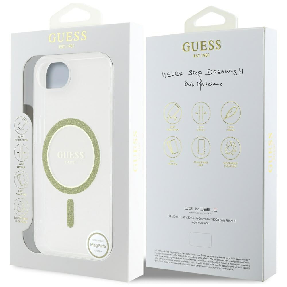 Coque MagSafe pour Apple iPhone 16e, Guess, IML Glitter Circle, Transparente