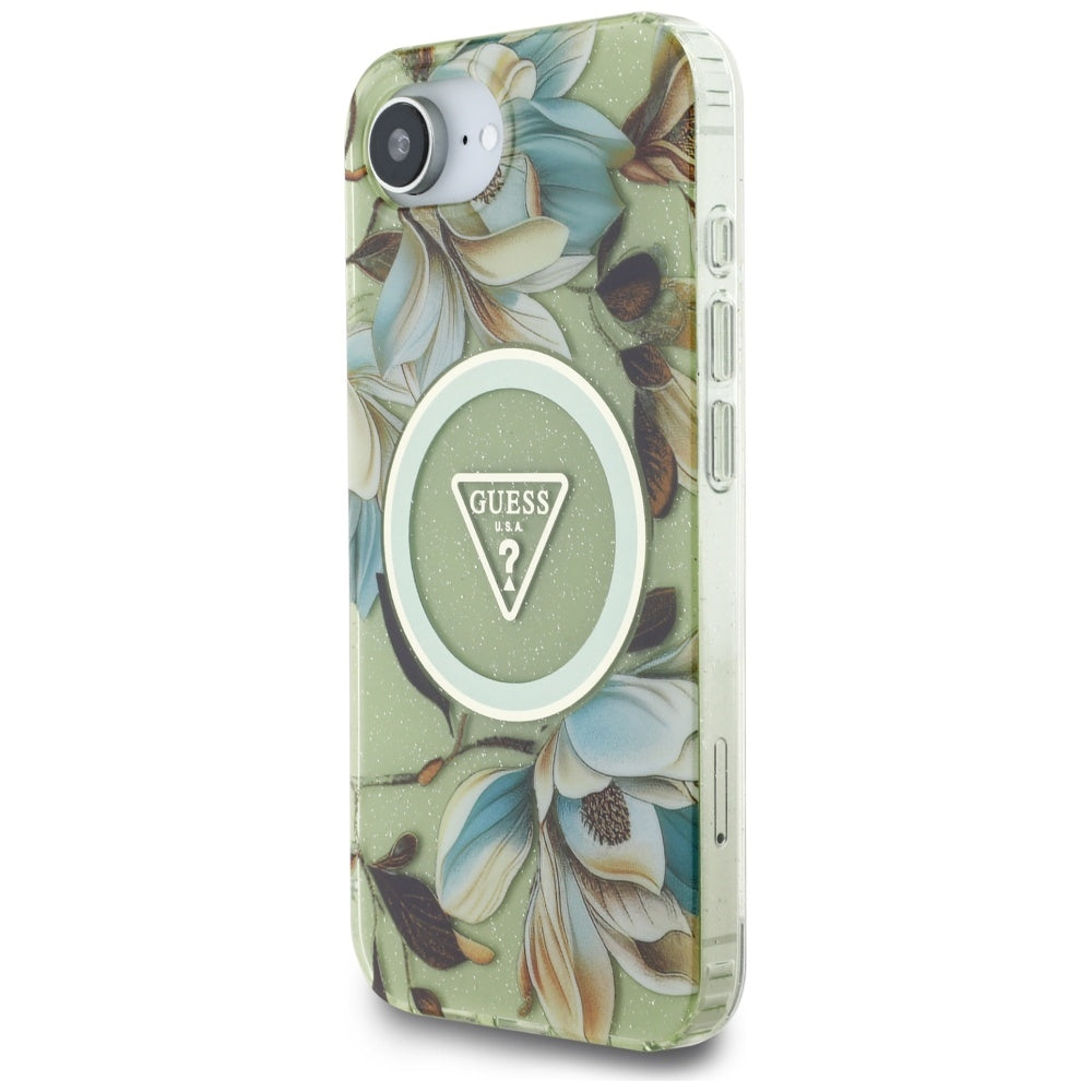 Coque MagSafe pour Apple iPhone 16e, Guess, IML Metal Glitter Flowers Triangle, Vert