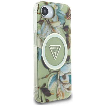 Coque MagSafe pour Apple iPhone 16e, Guess, IML Metal Glitter Flowers Triangle, Vert