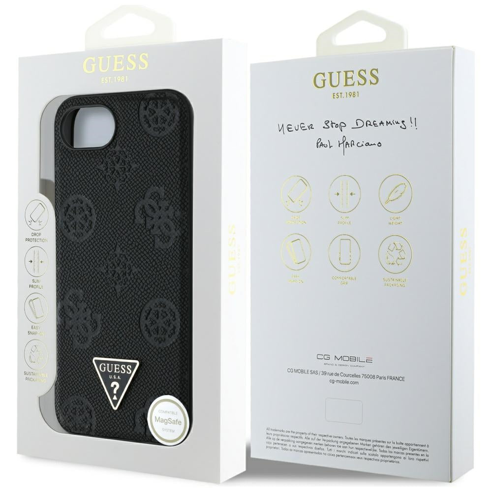 Étui MagSafe pour Apple iPhone 16e, Guess, Peony Grained Hot Stamp Triangle, Noir