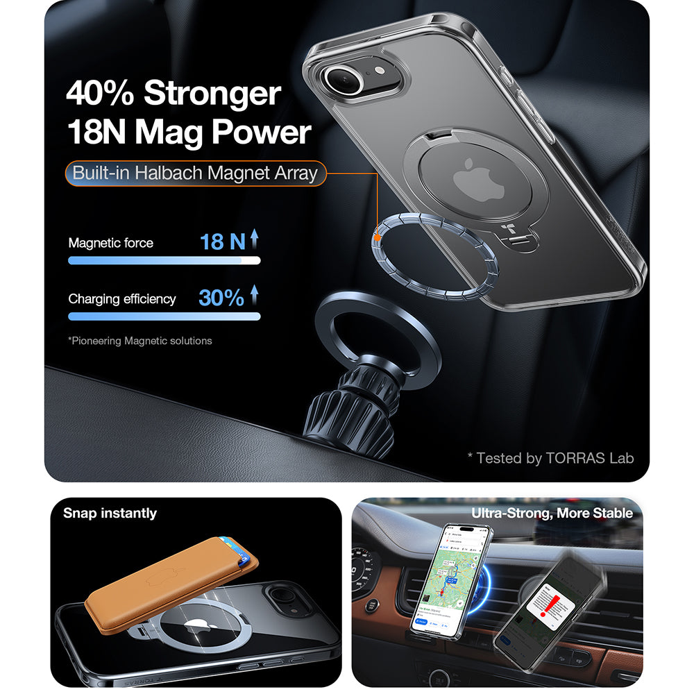 Étui MagSafe pour Apple iPhone 17e / 16e, Torras, Ostand Spin, Transparent