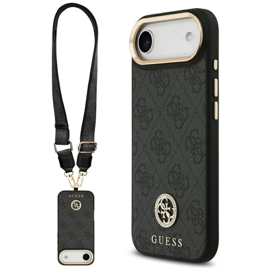 Housse MagSafe pour Apple iPhone 17 Air, Guess, 4G Strass Logo avec grande bandoulière, Noire