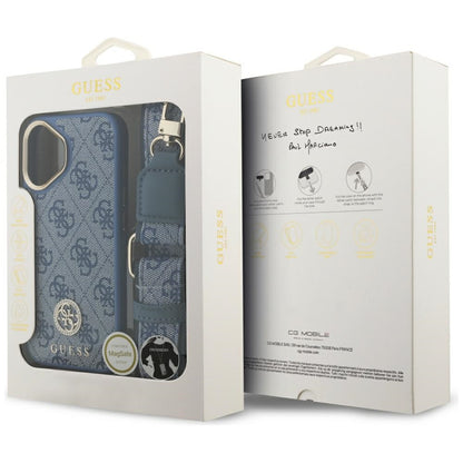 MagSafe Case for Apple iPhone 17, Guess, 4G Strass Logo with Big Strap, Blue