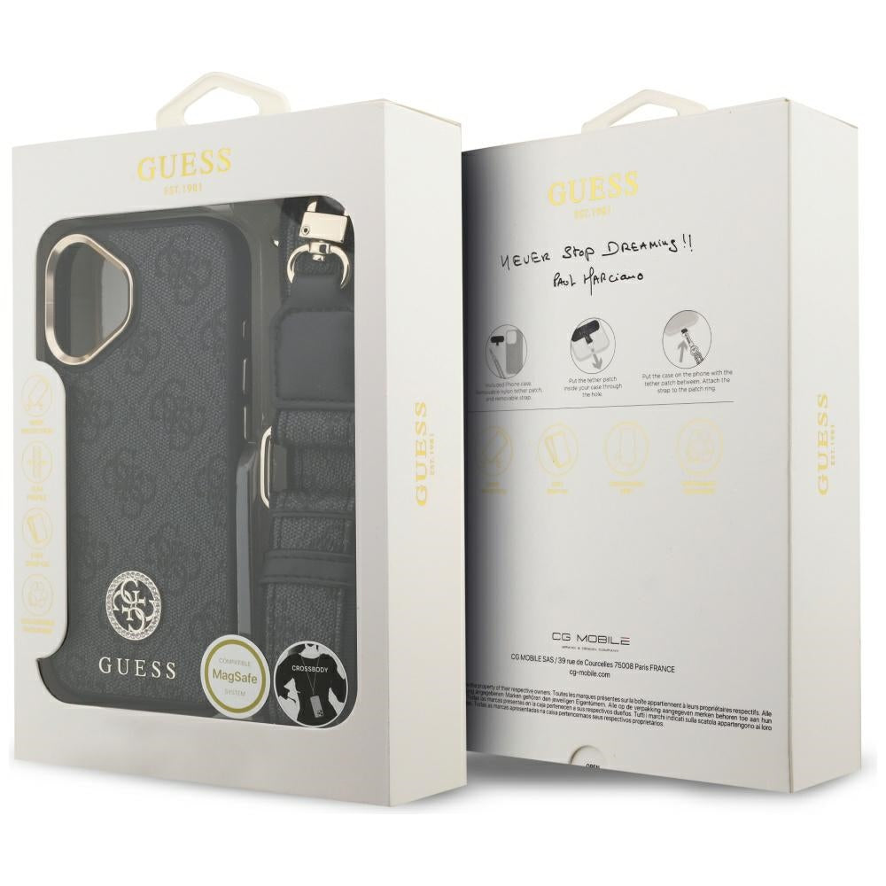 MagSafe Case for Apple iPhone 17, Guess, 4G Strass Logo with Big Strap, Black