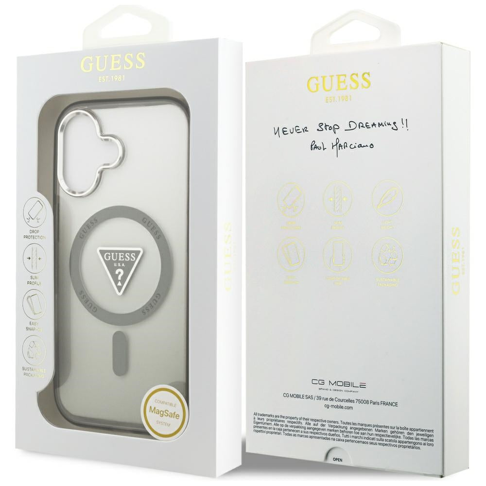 Coque MagSafe pour Apple iPhone 17, Guess, Logo Triangle Dégradé IML, Kaki Argenté