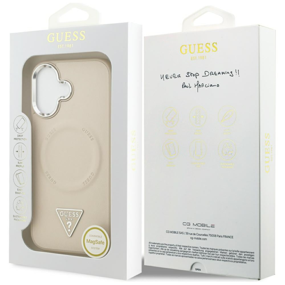 Étui MagSafe pour Apple iPhone 17, Guess, Logo Triangle, Beige Argenté