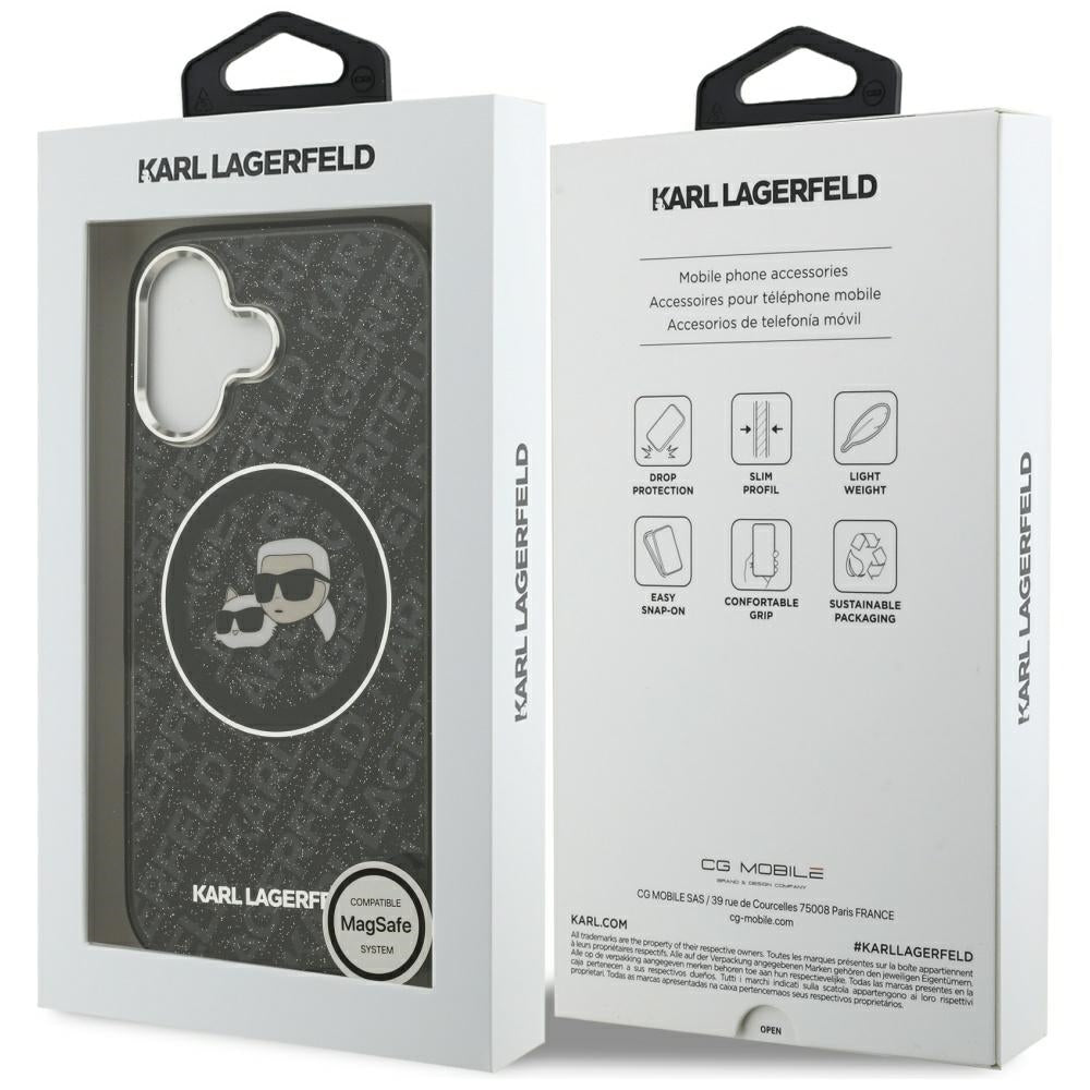Housse MagSafe pour Apple iPhone 17, Karl Lagerfeld, Glitter Karl & Choupette Head, Noire