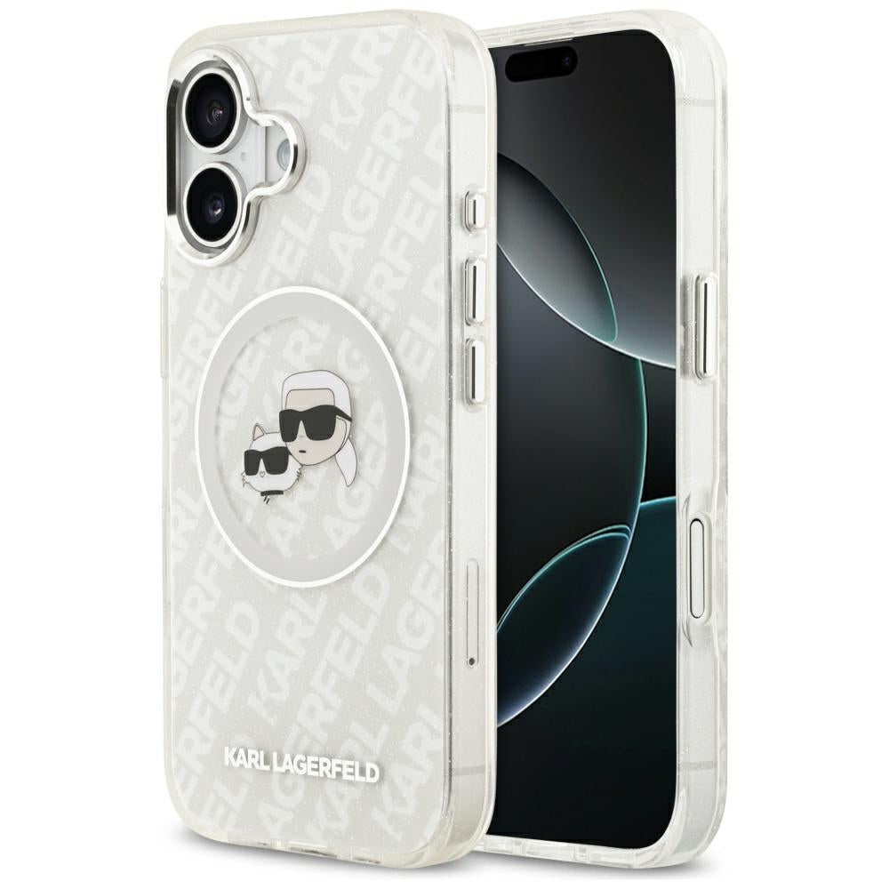 Coque MagSafe pour Apple iPhone 17, Karl Lagerfeld, IML Glitter Karl & Choupette's Heads, Gris