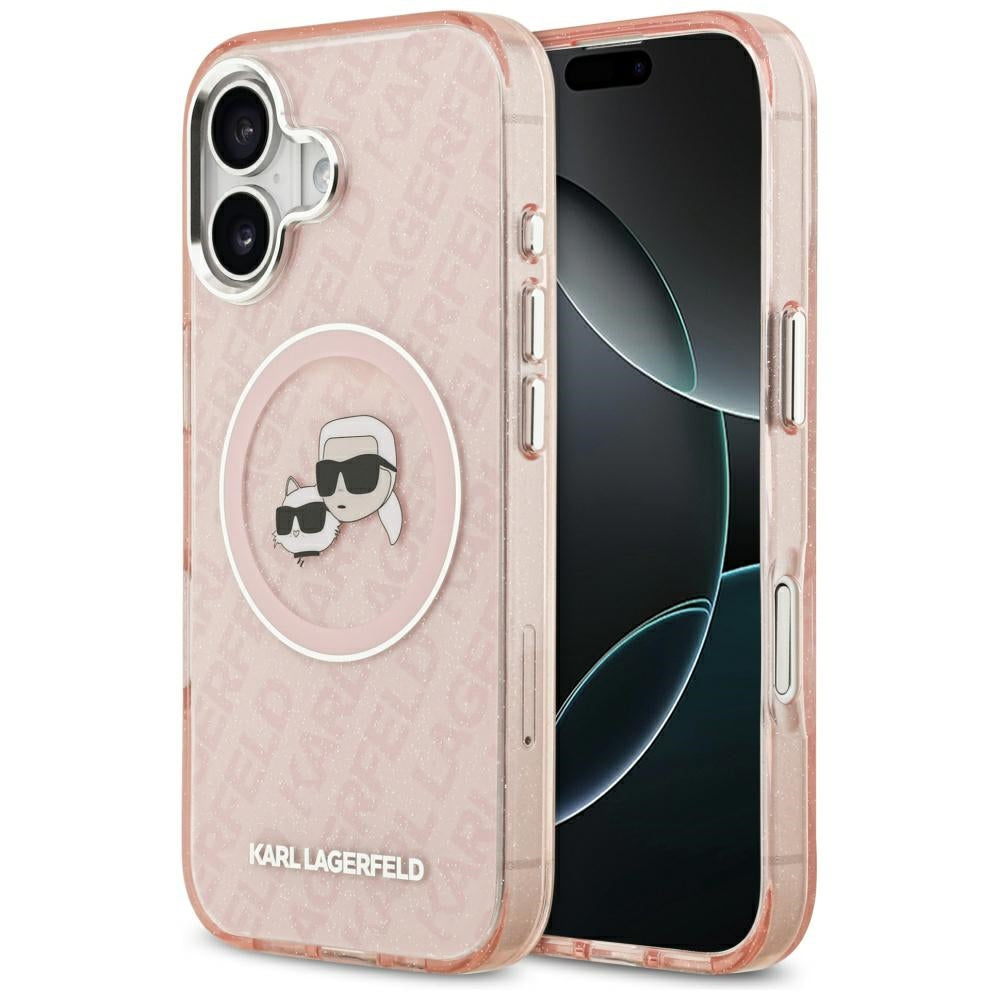 MagSafe Case for Apple iPhone 17, Karl Lagerfeld, IML Glitter Karl & Choupette's Heads, Pink