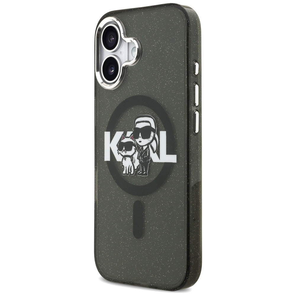 Housse MagSafe pour Apple iPhone 17, Karl Lagerfeld, IML Sketch Logo Glitter Karl & Choupette, Noire