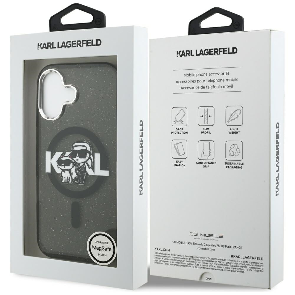 Housse MagSafe pour Apple iPhone 17, Karl Lagerfeld, IML Sketch Logo Glitter Karl & Choupette, Noire