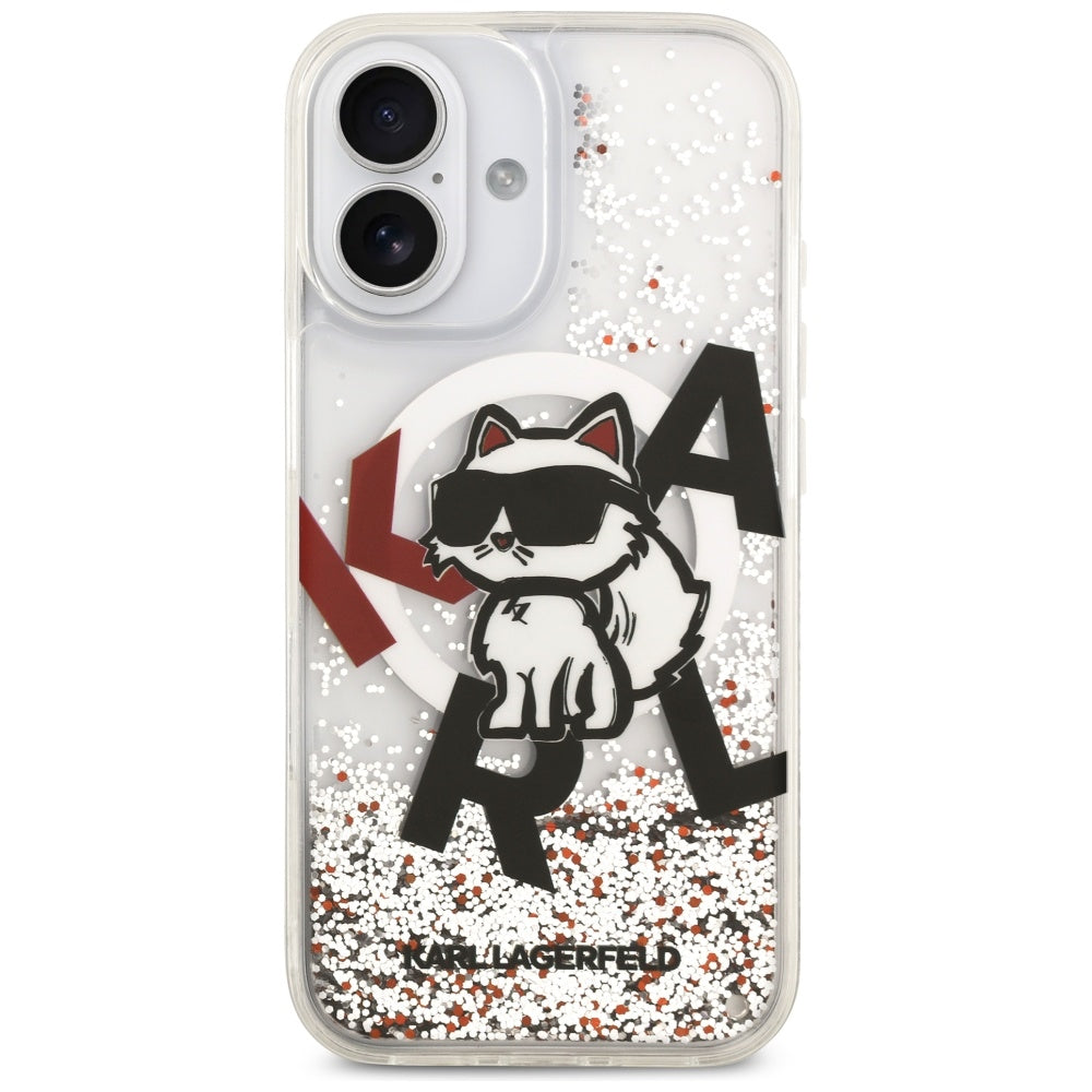 Étui MagSafe pour Apple iPhone 17, Karl Lagerfeld, Logo Choupette à Paillettes Liquides, Transparent
