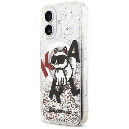 Étui MagSafe pour Apple iPhone 17, Karl Lagerfeld, Logo Choupette à Paillettes Liquides, Transparent