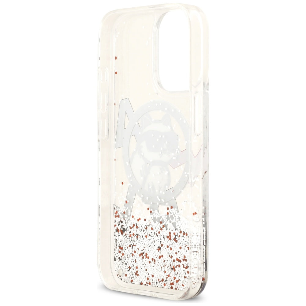 Étui MagSafe pour Apple iPhone 17, Karl Lagerfeld, Logo Choupette à Paillettes Liquides, Transparent