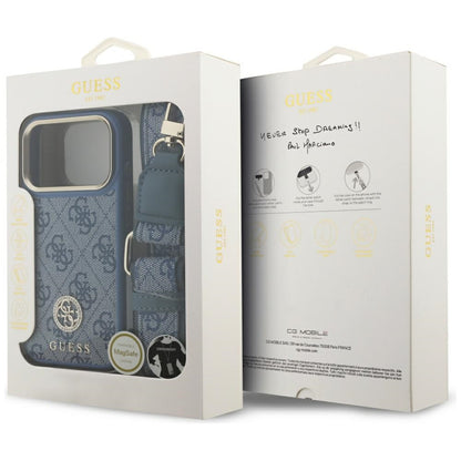 MagSafe Case for Apple iPhone 17 Pro, Guess, 4G Strass Logo with Big Strap, Blue