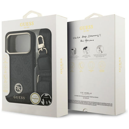 MagSafe Case for Apple iPhone 17 Pro, Guess, 4G Strass Logo with Big Strap, Black