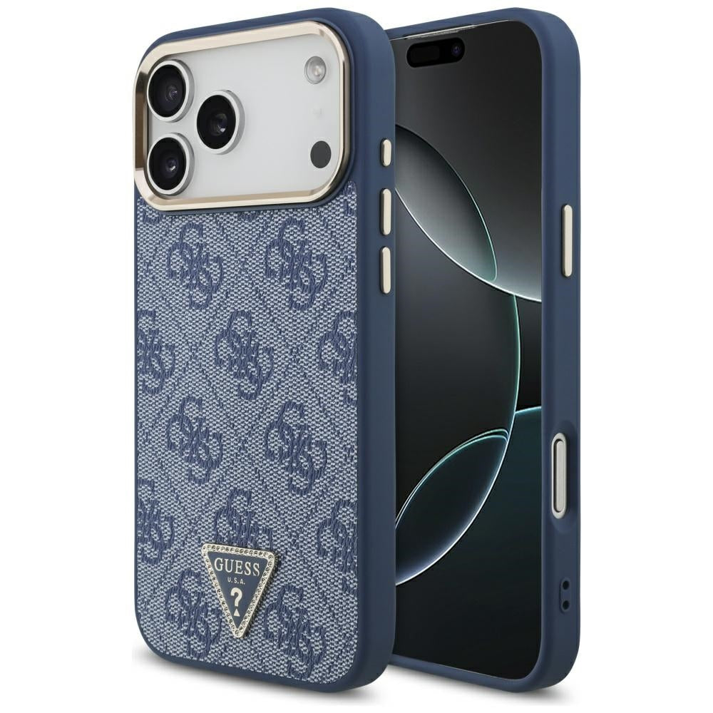 Coque MagSafe pour Apple iPhone 17 Pro, Guess, Logo Triangle 4G, Bleu Doré
