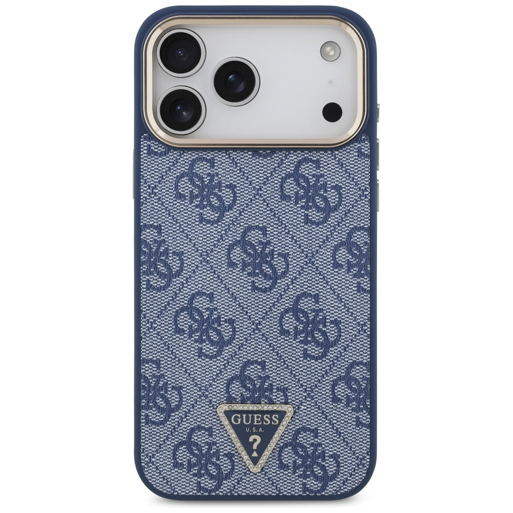 Coque MagSafe pour Apple iPhone 17 Pro, Guess, Logo Triangle 4G, Bleu Doré