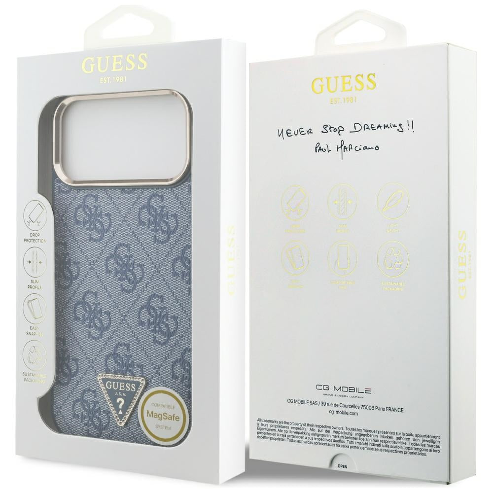 Coque MagSafe pour Apple iPhone 17 Pro, Guess, Logo Triangle 4G, Bleu Doré