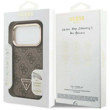 Étui MagSafe pour Apple iPhone 17 Pro, Guess, logo triangle 4G avec support pour caméra, Marron Doré.