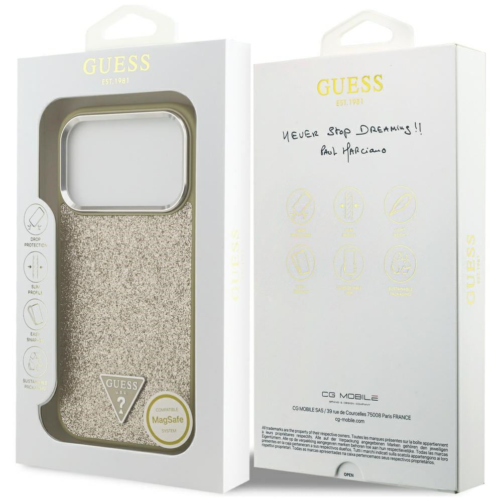 MagSafe Case for Apple iPhone 17 Pro, Guess, Glitter Triangle Logo, Gold