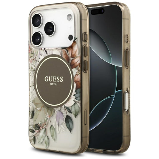 Étui MagSafe pour Apple iPhone 17 Pro, Guess, IML Flower and Tonal Circle, Marron