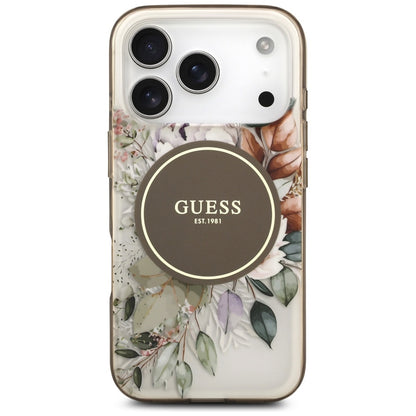 Étui MagSafe pour Apple iPhone 17 Pro, Guess, IML Flower and Tonal Circle, Marron