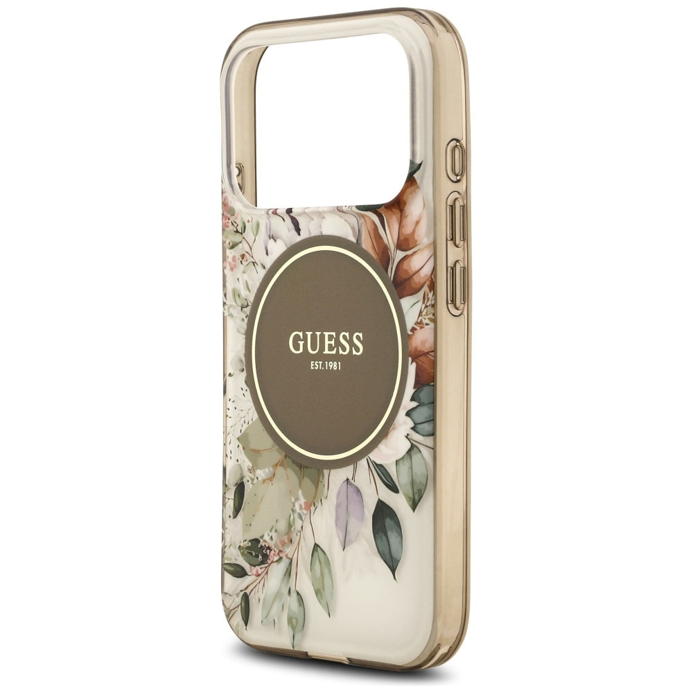 Étui MagSafe pour Apple iPhone 17 Pro, Guess, IML Flower and Tonal Circle, Marron