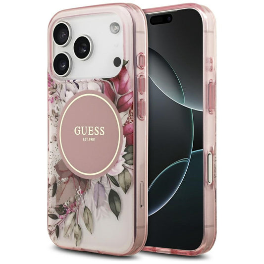 Étui MagSafe pour Apple iPhone 17 Pro, Guess, IML Flower and Tonal Circle, Rose