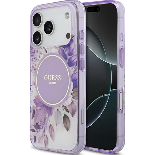 Étui MagSafe pour Apple iPhone 17 Pro, Guess, IML Flower & Tonal Circle, Mauve