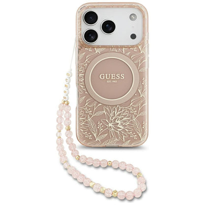Coque MagSafe pour Apple iPhone 17 Pro, Guess, IML Flowers Allover Electroplated with Pearl Strap, Rose