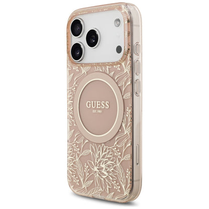 Coque MagSafe pour Apple iPhone 17 Pro, Guess, IML Flowers Allover Electroplated with Pearl Strap, Rose