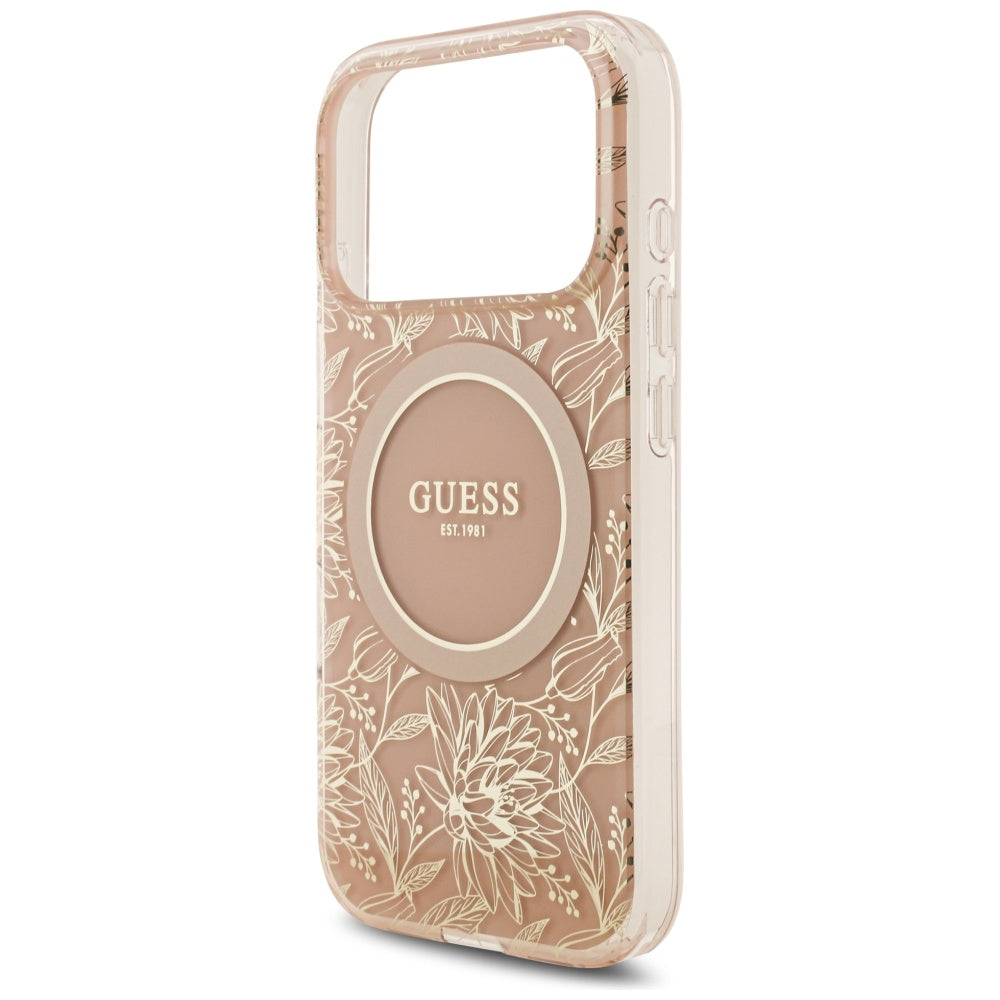 Coque MagSafe pour Apple iPhone 17 Pro, Guess, IML Flowers Allover Electroplated with Pearl Strap, Rose