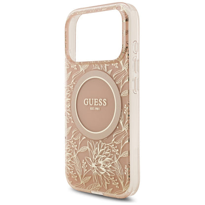 Coque MagSafe pour Apple iPhone 17 Pro, Guess, IML Flowers Allover Electroplated with Pearl Strap, Rose