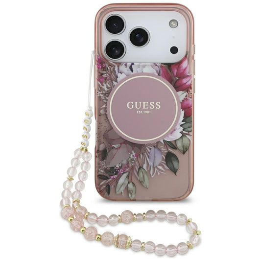 Étui MagSafe pour Apple iPhone 17 Pro, Guess, IML Fleurs avec Bandoulière Perle, Rose